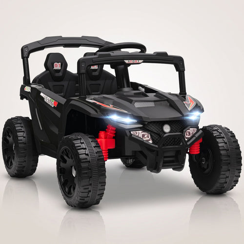 Buggy électrique enfant 12V noir avec arceau de sécurité, pare-buffle et amortisseurs rouges