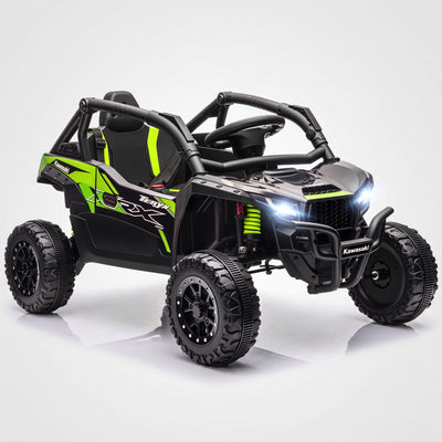 Buggy électrique enfant Kawasaki Teryx KRX 12V noir et vert, arceau de sécurité et phares LED