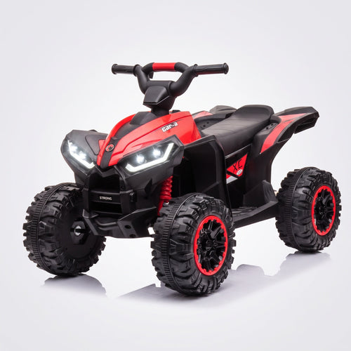 Quad électrique enfant 12V rouge et noir, phares LED et jantes rouges, vue de trois quarts avant
