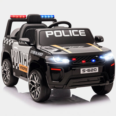 Voiture de police électrique 12V pour enfant, noir et blanc, rampe de gyrophares et phares allumés