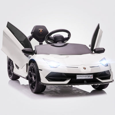 Voiture électrique enfant Lamborghini Aventador SVJ 12V blanche, portes papillon ouvertes